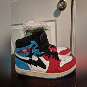 Red and Blue High-Top Sneakers with Classic Design